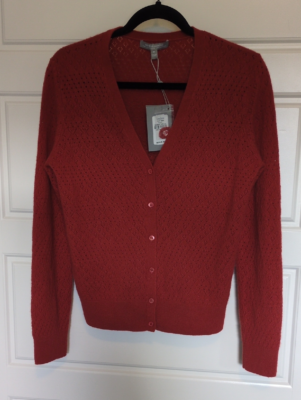 Neiman Marcus The Cashmere Collection Coral Eyelet V-Neck Button Cardigan